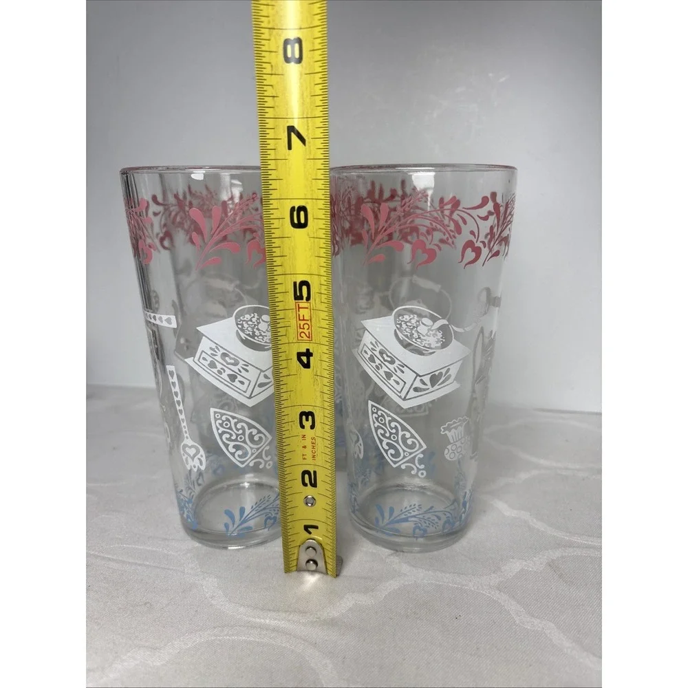 Vintage Hazel Atlas Kitchen Aids 16oz Glass Tumbler - Set of 4 Pink White Blue